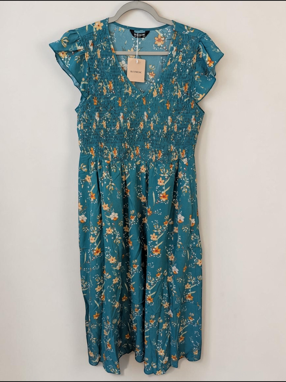 BloomChic Teal Floral Dress with Yellow Accent